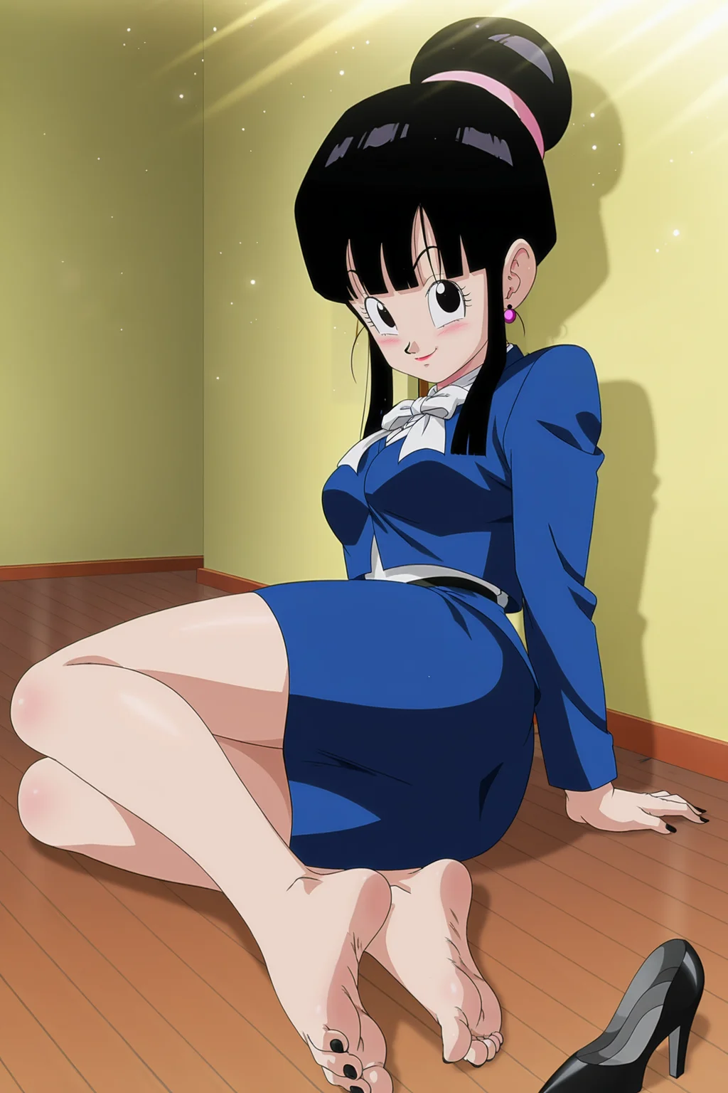anime screencap, absurdres, high quality, official style,
chi-chi, dbz, broly movie, official style, 1girl, solo, blush, smile, bangs, black hair, blue skirt, pencil skirt, arm support, sitting, sidelocks, earrings, wooden floor, barefoot, hair bun, nail polish, black eyes, black high heels, feet, toes, soles, single hair bun, black nails, toenails, toenail polish, foot focus, unworn blue high heels, blue jacket, white bow tie, seductive, eyelashes, indoors, dappled sunlight, light rays, light particles,
<lora:Chi_Chi_IL:0.8>