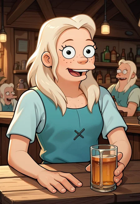 score_9, score_8_up, score_7_up, score_6_up, score_5_up, score_4_up, rating_questionable, Tiabeanie, in a tavern, happy, liquor bottle, cartoon, freckles, fFaceDetail, OverallDetail