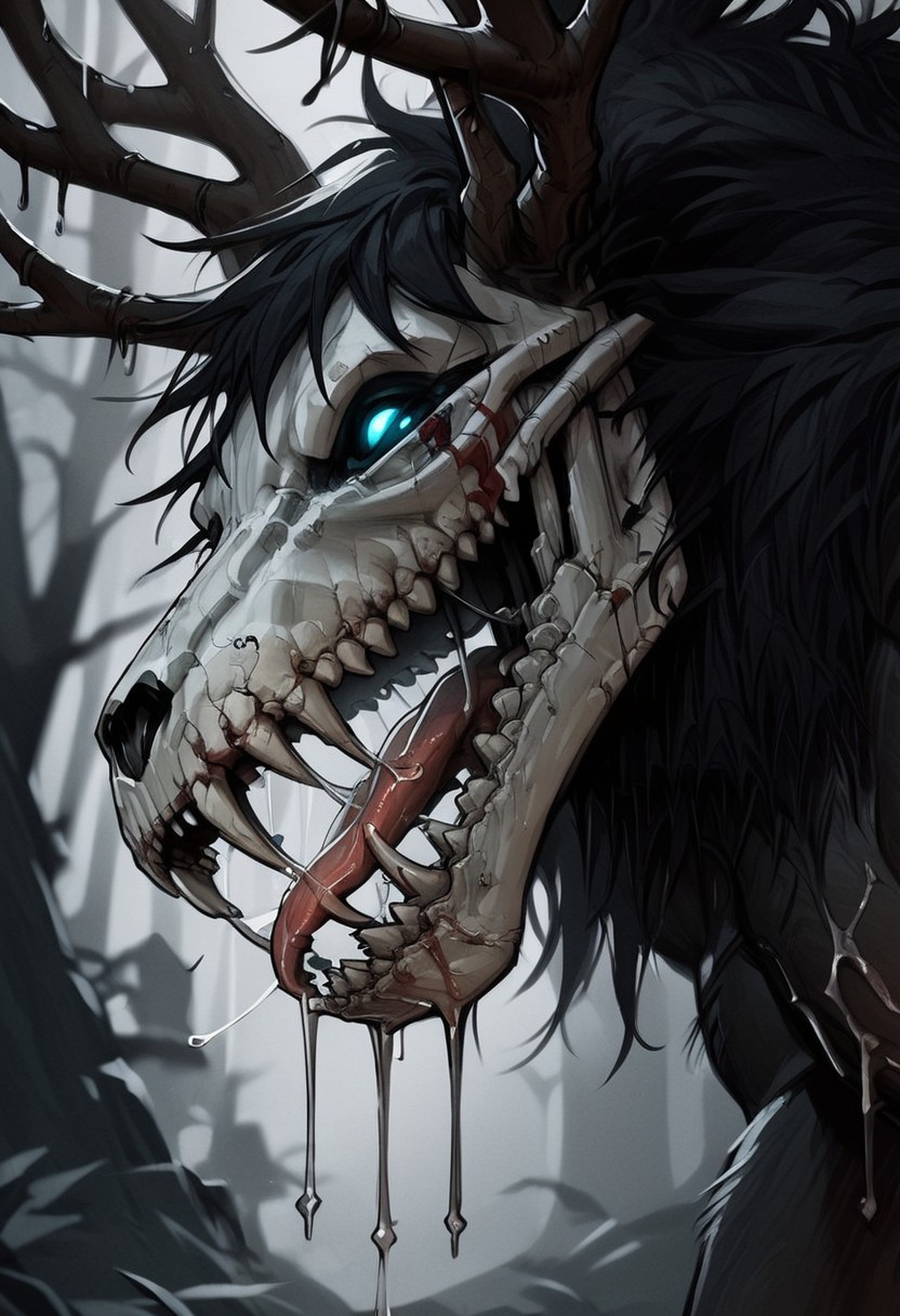 score_9, score_8_up, score_7_up, score_6_up, Expressiveh, undead, deathknight, masterpiece, perfect face, forest, ((blurry background)), (close up), portrait, three quarter view, side view, roar, tongue, saliva, drool, drooling, saliva strand, flying spittle, w3ndigo,wendigo,horror (theme), monster, creature, black fur, horns, skull face, antlers, glowing eyes, sharp teeth, claws, muscular, hair, black skin