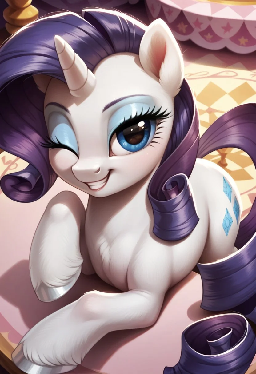 score_9, score_8_up, score_7_up, score_6_up, score_5_up, score_4_up, my little pony, ((feral pony)), Rarity, 1girl, solo, (sexy), beautiful, detailed, (detailed cute pony face), detailed eyes, detailed fur, detailed hooves, beautiful, vector, flat colors, ((beautiful eyeshadow)), long eyelashes, beautiful hooves, shiny, (carousel boutique), indoors, one eye closed, grin, happy, wink at you, ((looking at you, looking at viewer)), ((close-up)), high angle