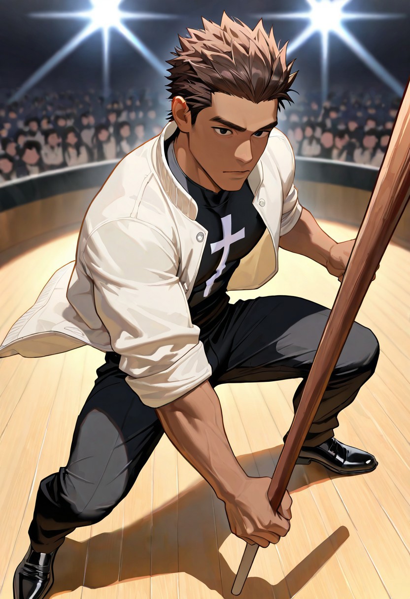very awa, masterpiece, best quality, absurdres, newest, perfect quality, intricate details, realistic,
solo, male focus,
brown hair, ((slicked back hair)), (spiky hair),
brown skin, toned body, lithe body, wide shoulders, 
black eyes, 
(black undershirt with solid white cross print), (huge white cross print),
(plain white polo jacket), (rolled up sleeves), open jacket,
black trousers, black dress shoes,
wooden bo staff, brown staff
dojo, audience, 
dynamic lighting, dynamic angles, full body portrait, dynamic pose