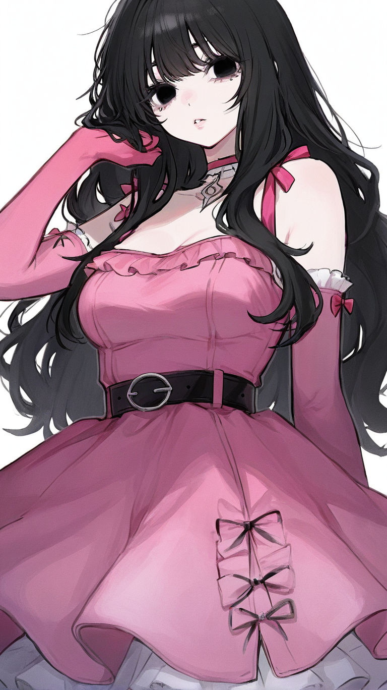 1girl, solo, long_hair, breasts, looking_at_viewer, simple_background, black_hair, gloves, white_background, dress, frills, parted_lips, choker, elbow_gloves, belt, black_eyes, pink_dress, pink_gloves