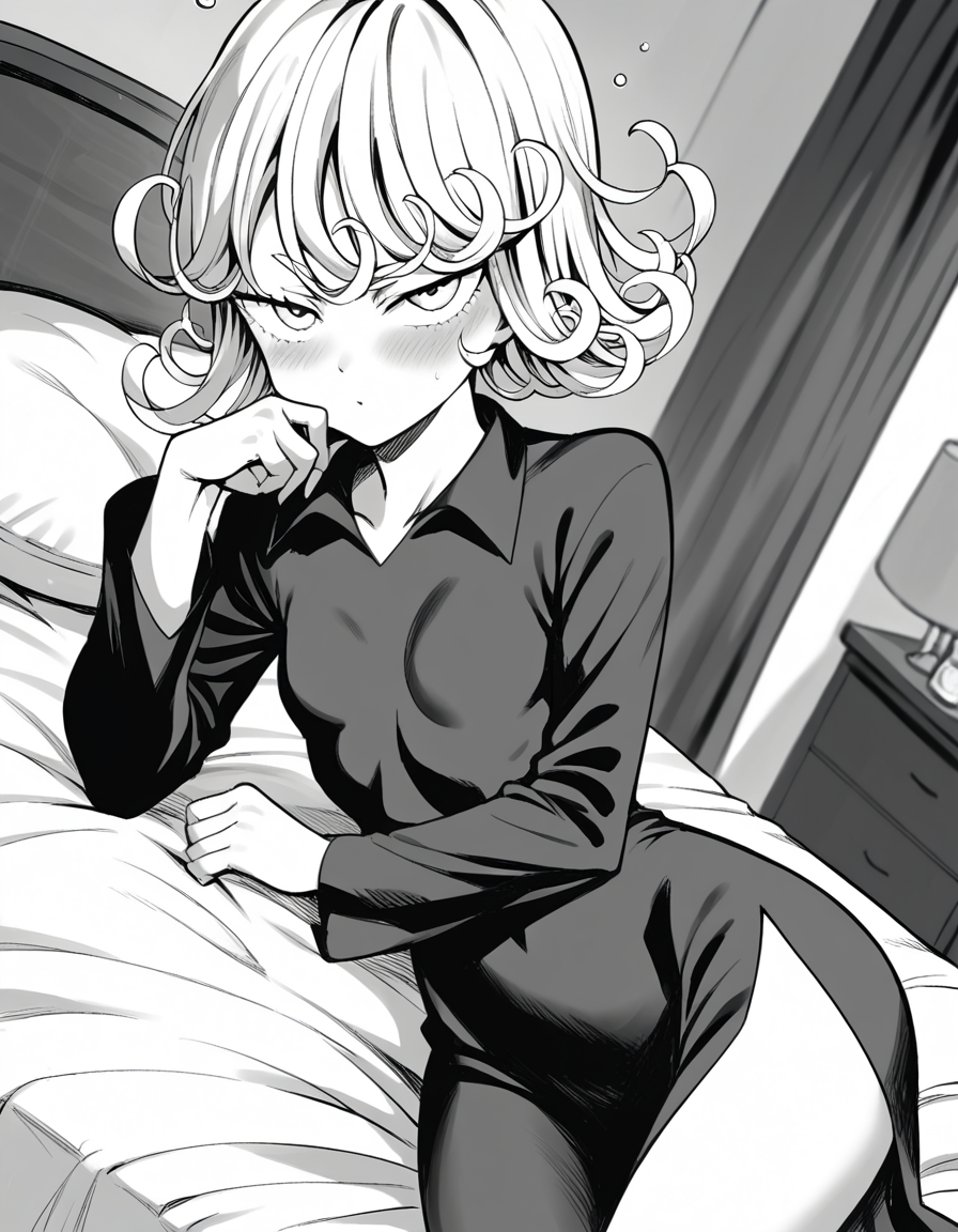 score_9, score_8_up, score_7_up, source_anime,
tatsumaki, <lora:opm-tatsumaki-manga-ponyxl-lora-nochekaiser:1>,
tatsumaki, short hair, curly hair, monochrome, greyscale,
long sleeves, dress,
indoors, bed, bed room, on side, blush, drunk,
looking at viewer, cowboy shot, solo, dutch angle,
