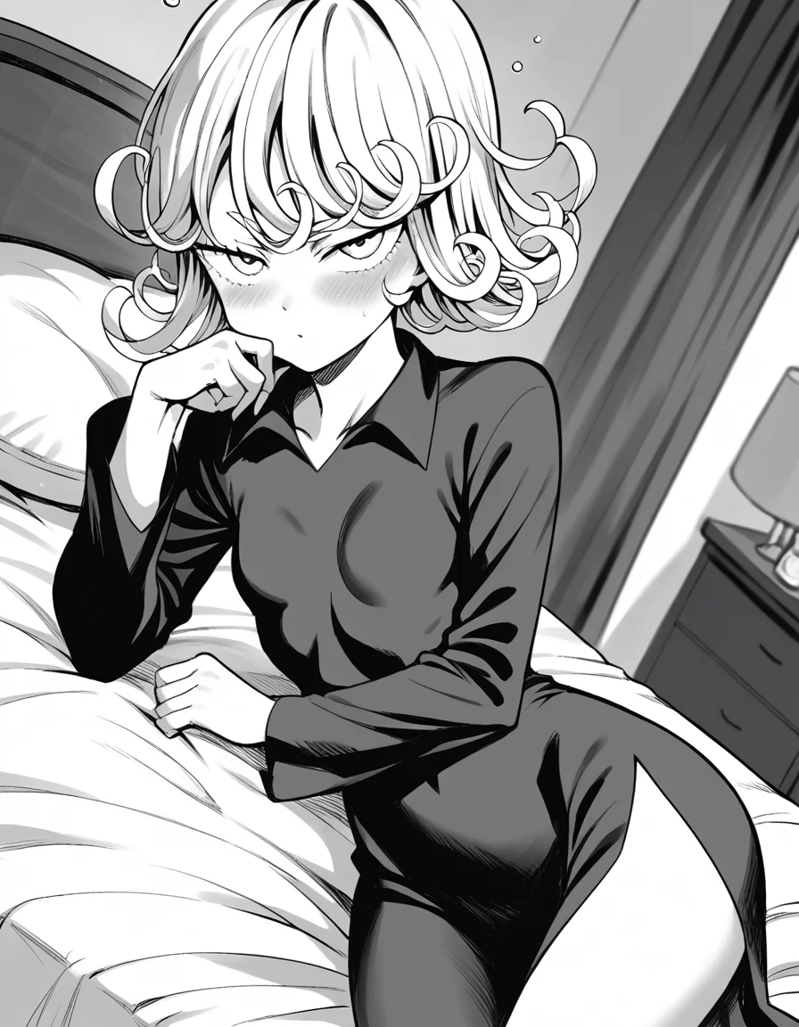 score_9, score_8_up, score_7_up, source_anime,
tatsumaki, <lora:opm-tatsumaki-manga-ponyxl-lora-nochekaiser:1>,
tatsumaki, short hair, curly hair, monochrome, greyscale,
long sleeves, dress,
indoors, bed, bed room, on side, blush, drunk,
looking at viewer, cowboy shot, solo, dutch angle,