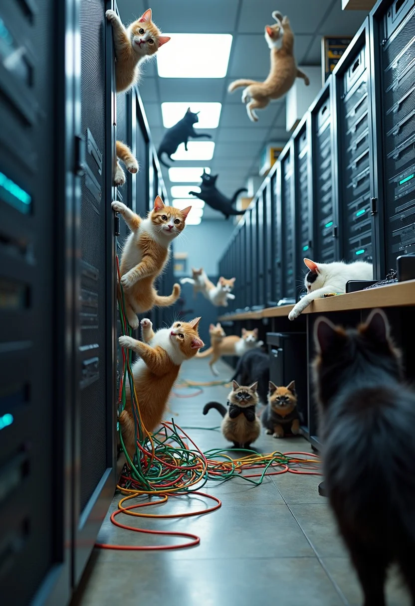 A high-resolution photograph captures a whimsically chaotic scene. In a high-tech server room filled with sleek server racks, blinking lights, and tangled cables, a group of mischievous cats has turned order into playful disorder. At the forefront, two energetic kittens violently knock over a stack of server equipment, while nearby, a trio of cats plays with network cables, creating a humorous mess. On a cluttered desk, several cats nap on keyboards, pressing random keys, and a large Mainecoon sprawls across a keyboard. In the background, more cats cause mayhem, with a tuxedo cat perched on a server rack and kittens chasing each other around the room. Cats of various breeds are flying off the racks, jumping all over the room and knocking things over. All the cats are different breeds.
The room is brightly lit with overhead fluorescent lights, casting a clear view of the playful antics. The blinking lights of the servers add a techy, whimsical ambiance, contrasting with the chaos created by the cats.