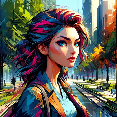 InkBlast, portrait, 1woman walking through a city park