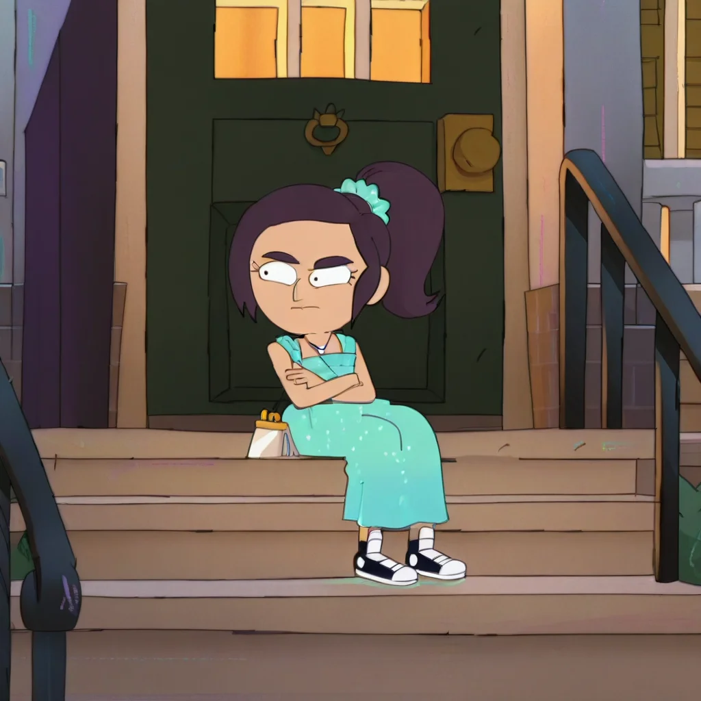 Reagan ridley from Inside Job, 1girl, solo,
brown hair, ponytail bound by a teal scrunchie,
teal sparkling dress, sneakers,
jewelry, plant, sitting on stairs, necklace, crossed arms, scrunchie, aqua shirt, sitting