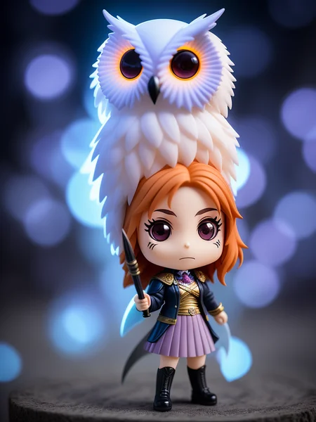comix style, ((magic ghost owl)), Hermione Granger casting spells, Hall at Hogwarts on backgroung, ((((chibi)))), (magical atmosphere), focus on eyes, (((ultradetaled clear eyes))), (detailed skin, skin texture), (intricately detailed, fine details, hyperdetailed), raytracing, subsurface scattering, wide angle, diffused soft lighting, shallow depth of field, by (Oliver Wetter), photographed on a Canon EOS R5, 28mm lens, F/2.8, sharp focus bokeh