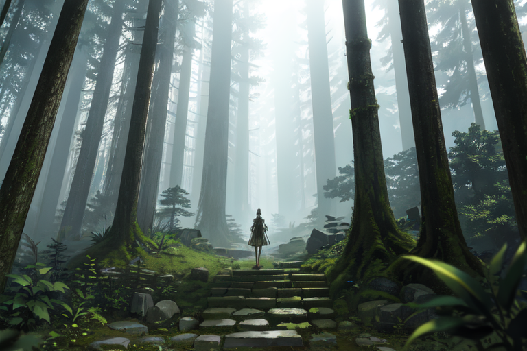highly insanely detailed, masterpiece, top quality, best quality, highres, 4k, 8k, RAW photo, (very aesthetic, beautiful and aesthetic),  
(rsef style,fevercell style),human_machine_hybrid,futuristic_landscape,abstract_background,energy_auras,holographic_effects,digital_aesthetics, 
<lora:rsef-000225:0.6>, 
(1girl:1.3), 
1other, 
, 
, 
short hair,hair blown by wind,hair ornament, 
, 
bronze statue , with roman centurion armor,  scepter,foggy_plaza,statues_in_fog,eerie_atmosphere,abandoned_square,ancient_stone_steps,stepped_terraces,bills,massive_sarsen_stones,knee_deep_water,large forest,enchanting forest,dense forest,lush forest,tall trees,canopy,overgrown scenery, 
,âââ