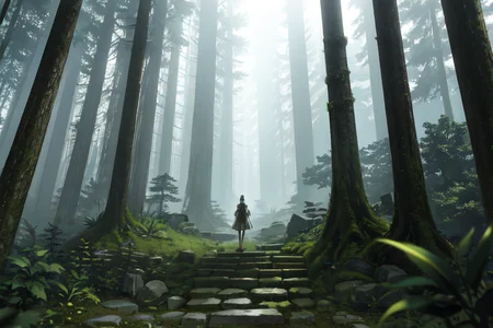 highly insanely detailed, masterpiece, top quality, best quality, highres, 4k, 8k, RAW photo, (very aesthetic, beautiful and aesthetic),
(rsef style,fevercell style),human_machine_hybrid,futuristic_landscape,abstract_background,energy_auras,holographic_effects,digital_aesthetics,
<lora:rsef-000225:0.6>,
(1girl:1.3),
1other,
,
,
short hair,hair blown by wind,hair ornament,
,
bronze statue , with roman centurion armor, scepter,foggy_plaza,statues_in_fog,eerie_atmosphere,abandoned_square,ancient_stone_steps,stepped_terraces,bills,massive_sarsen_stones,knee_deep_water,large forest,enchanting forest,dense forest,lush forest,tall trees,canopy,overgrown scenery,
,âââ