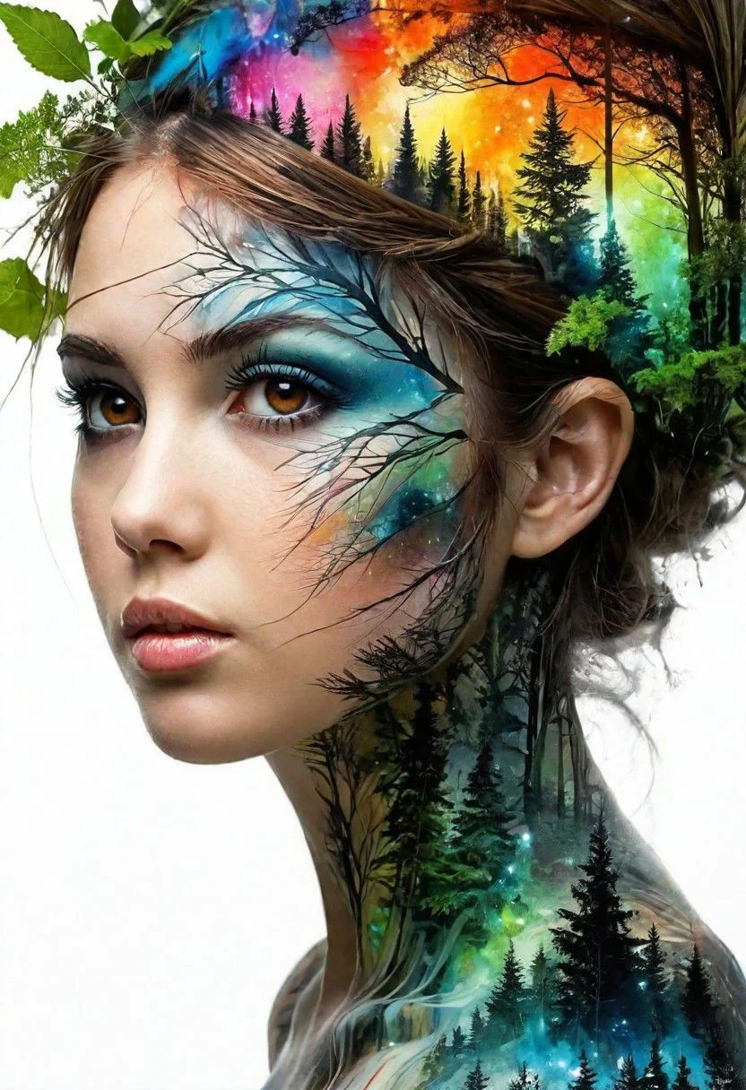 mysterious silhouette forest woman, by Minjae Lee, Carne Griffiths, Emily Kell, Geoffroy Thoorens, Aaron Horkey, Jordan Grimmer, Greg Rutkowski, amazing depth, masterwork, surreal, geometric patterns, intricately detailed, bokeh, perfect balanced, deep fine borders, artistic photorealism, smooth, great masterwork by head of prompt engineering, (White background:1.2), pretty face, detailed brown eyes, eyelashes, forest detail, <lora:add-detail-xl:2> <lora:Double_Exposure:0.5> <double exposure:0.5>