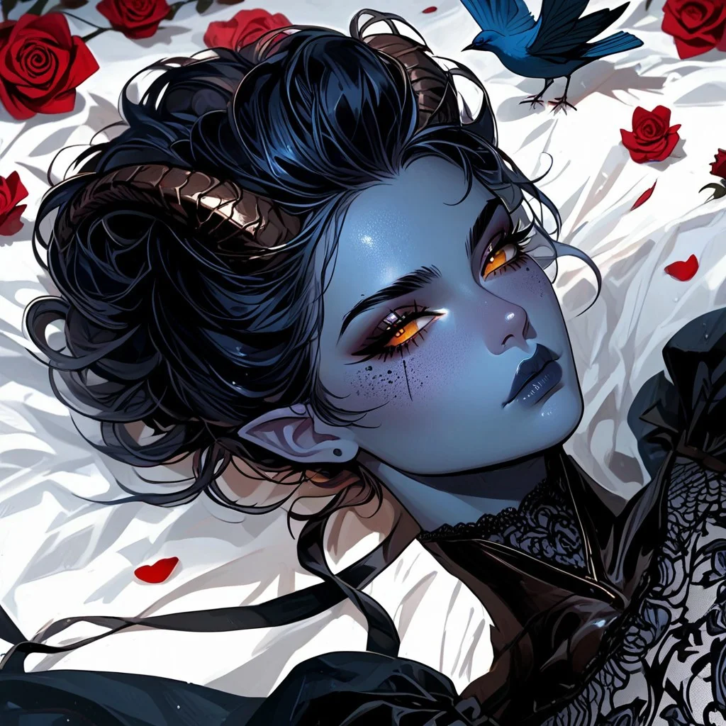 Score_9_up, score_8_up, score_7_up, DemonPunk, 1female, demon woman, frost blue skin tone, intricate golden eyes, black pinned up hair, large breasts, white lace brassiere, laying back in bed, sleepy eyes, rose petals, birds eye view