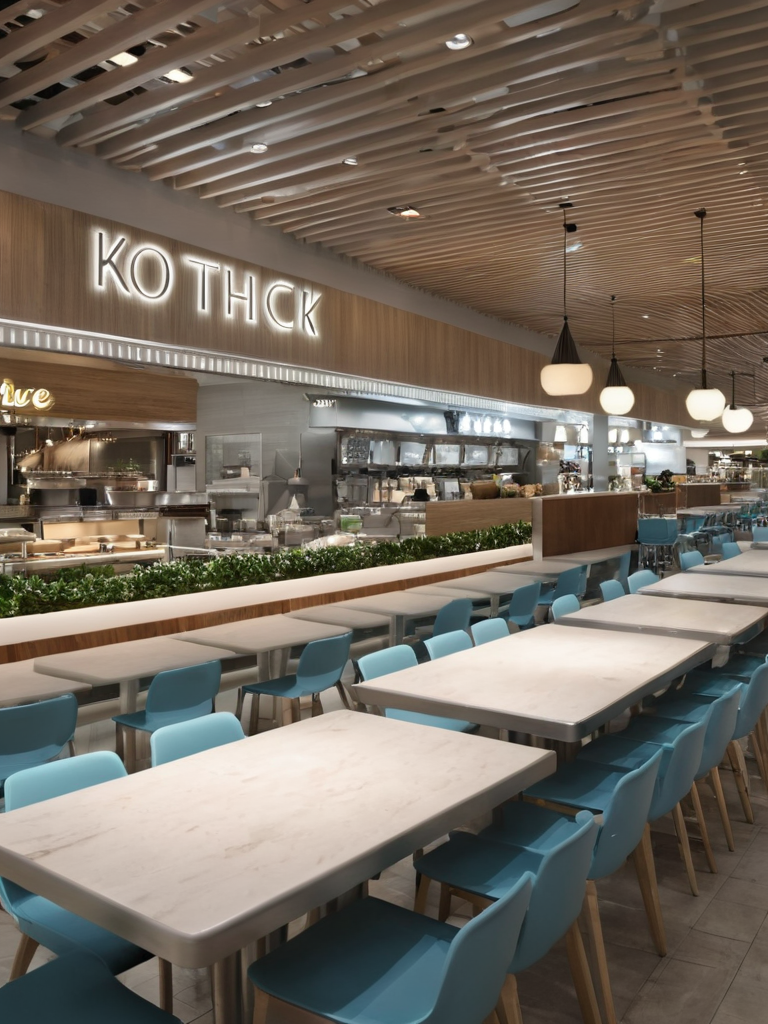 <lora:JJsFood_Court_XL:1>, ((Food Court)), masterpiece , best quality, subject,  soft lighting, high quality, indoors, real world location, enough detail, high resolution, 8k, HD, super realistic, Photorealistic, highly detailed, table, chair, ceiling light,