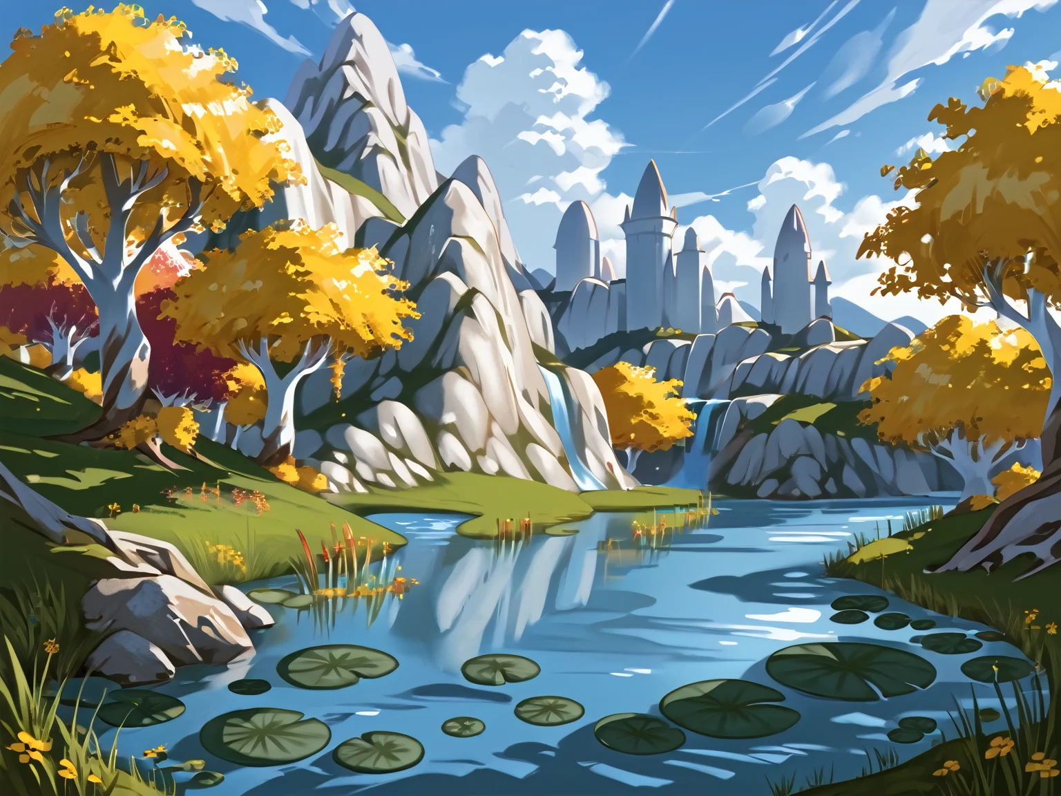 score_9, score_8_up, score_7_up, score_6_up, eversong, painted art, belftree, tree, mountainous, river, water, lily pad, (landscape), very aesthetic, detailed background, Hyperdetailed, Extreme Detail, 4K Resolution, Masterpiece, Best Quality <lora:Eversong_Woods_-_World_of_Warcraft_Zones:1>