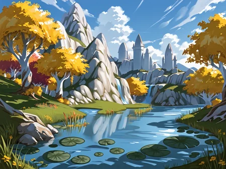 score_9, score_8_up, score_7_up, score_6_up, eversong, painted art, belftree, tree, mountainous, river, water, lily pad, (landscape), very aesthetic, detailed background, Hyperdetailed, Extreme Detail, 4K Resolution, Masterpiece, Best Quality <lora:Eversong_Woods_-_World_of_Warcraft_Zones:1>