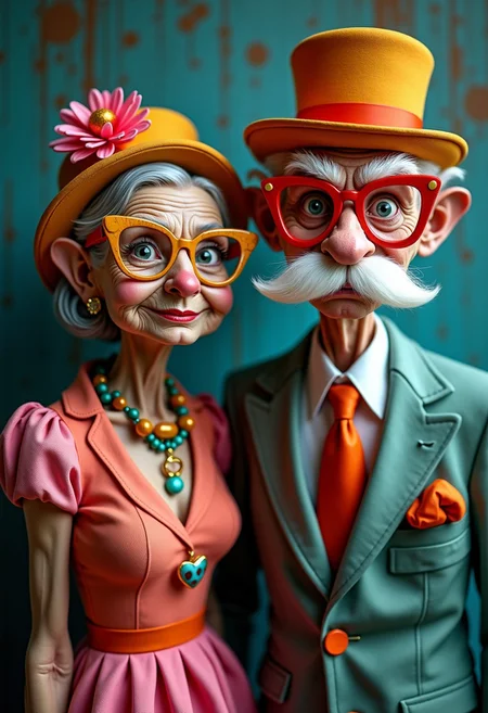 It is a stunning full-body photo of two extremely tall and skinny quirky elderly couple, a man and a woman, with eccentric figures. They wear outrageously colorful Vogue-style outfits and large, extravagant glasses, complemented by whimsical and flamboyant hats. The image is in soft focus and a vertical format, naturally lit with an f2 aperture on a 50mm lens. The style is inspired by classic chrome, with a slight film grain and intricate cinematic lighting. The image is highly detailed, with sharp focus and a touch of visual humor.