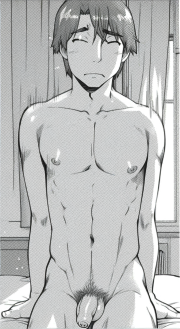 score_9, score_8_up, score_7_up, anime_source, official artstyle, anime screencap, highly detailed, 1boy, perfect composition, good shading, motion lines, movement lines, male focus, 1boy, solo, male focus, completely naked, bare upper body, barechested male, bare lower body, bare legs, thick abs, indoors, bedroom, bed, satoshi mito,brown hair,short hair,fox eyes, sitting on bed, visible feet, flaccid penis, foreskin, manspreading, ((monochrome))