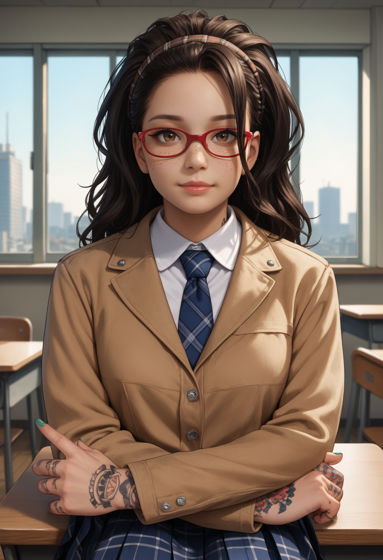 score_9, score_8_up,score_7_up, source_anime, 1girl, solo, <lora:DMCNC_pdxl_EliPot:1> Ncltt, mature female, 
black hair, long hair, brown eyes, glasses, red-framed eyewear, plaid hairband, freckles, 
arm tattoo, hand tattoo, nail polish, 
 indoors, classroom, window, city,looking at viewer, sitting, on desk, v arms,uniform, emblem, beige jacket, white shirt, collared shirt, plaid necktie, necktie, pleated skirt, skirt,