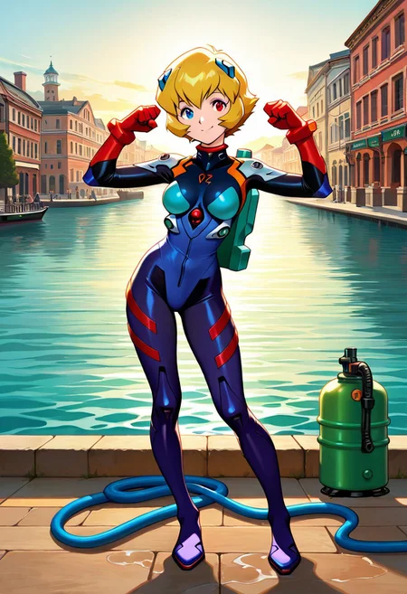 <lora:Megaman_Legends>,megaman_legends,(looking at viewer:1.2),(close-up:1.2),score_9, score_8_up, score_7_up, source_ super mario sunshine, (a mature female lady with a water tank on her back ),BREAK, animated painting, (smile:1.6), (standing:1.3), (contrapposto;1.3), (fighting pose:1.7), (good finger:1.2), (five fingers:1.2), (perfect anatomy:1.5), (Beautiful girl:1.4), (blonde short hair:1.6), ((ultra detailedtanned)), ((extremely detailed CG)), skin, authentic skin texture, gradient eyes, ((beautiful detailed eyes)), faint lips, ((Premier Quality)), (Ultra High Definition), ((perfect anatomy)), (solo), BREAK, heterochromia, (diving equipment on her ), ((full body clothed)), ((wet suit:1,8)), (tactical gear), (tank pack), ((red right eyes, blue left eyes)),BREAK, (background inspired by place Delfino and Venice :2,3)(big pipeline, water, harbor, hose, cartoon town), BREAK, ( evangelion_style:0,3), mecha musume, ( Megaman Legends 2 style: 1,6), ( aria the masterpiece style:1.4),soft skin, skindentation, thicc