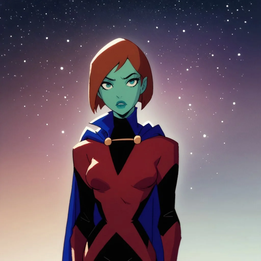 safe_pos, score_9, score_8_up, score_7_up, solo, 1girl, lipstick, short hair, red hair, bob cut, colored skin, green skin, aqua eyes, blue cape, bodysuit, red gloves, red knee boots, breast, space background, miss martian