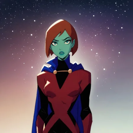 safe_pos, score_9, score_8_up, score_7_up, solo, 1girl, lipstick, short hair, red hair, bob cut, colored skin, green skin, aqua eyes, blue cape, bodysuit, red gloves, red knee boots, breast, space background, miss martian