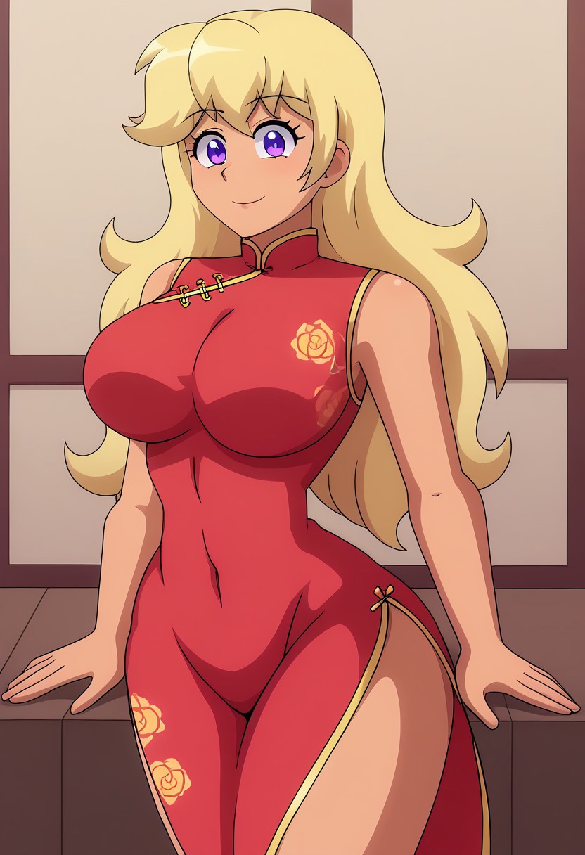 ChieriShiina,1girl,blonde hair,long hair,purple eyes,dark skin, large breasts, red dress, china dress, DaisyPink71