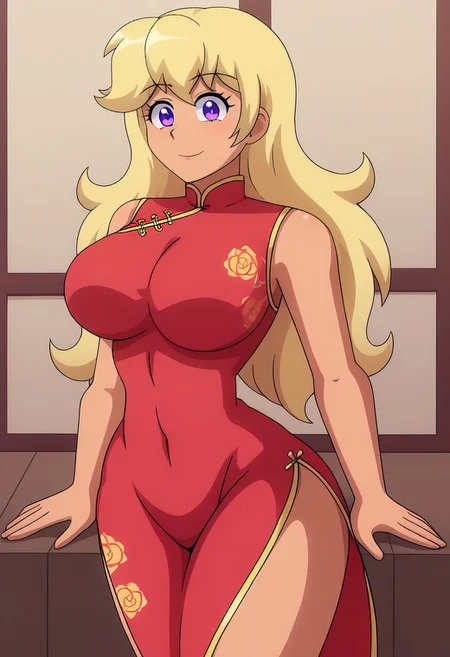 ChieriShiina,1girl,blonde hair,long hair,purple eyes,dark skin, large breasts, red dress, china dress, DaisyPink71