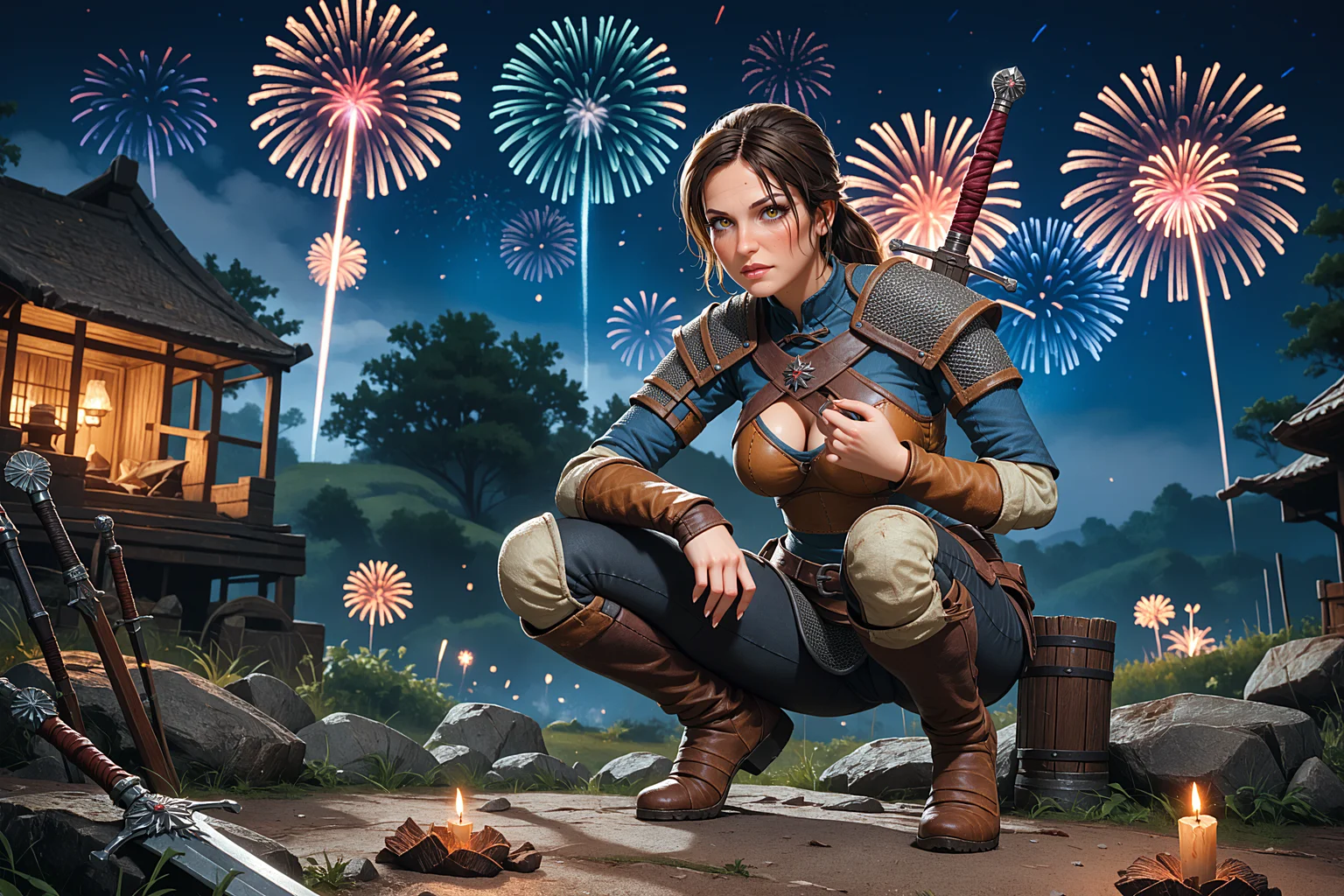 w1tch3r, score_9, score_8_up, score_7_up, 1girl, solo, tomb raider, lara croft, squatting, fireworks, night sky, <lora:g3r4lt:1.0>