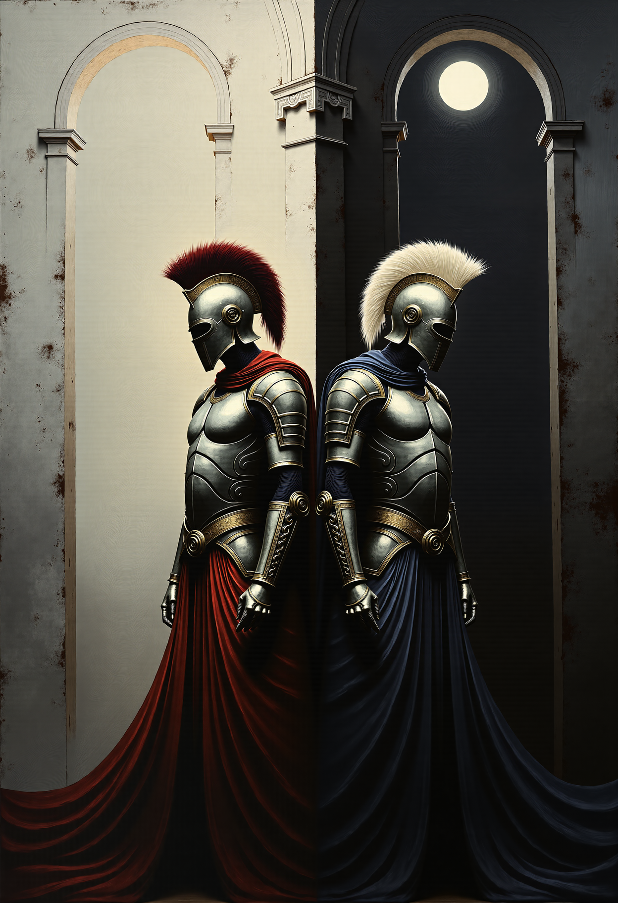 0n1r1c, Create a dramatic impasto painting with drips and painterly smudges of two majestic warriors, inspired by Achilles, the central character in Homer's Iliad, wearing futuristic, metallic full-body armor with a complex, segmented design. 

The painting is divided vertically into three sections.
The left section, only white, is dominate from Paris, his
warrior's helmet should have a striking red horsehair crest.
The background of this left section is a light white.
The middle section, only light gray, showcases a high, arched window below the upper edge of the painting, through which the moon shines.
The background of this middle section is a light gray.
The right section, only dark gray, is dominate from Achilles, his warrior's helmet should have a striking white horsehair crest.
The background of this right section is a dark gray.

Both helmets reminiscent of ancient Greek soldiers.
Both armors should have multiple plates and reinforcements, covering the entire body and combining both ancient and modern aesthetics. 

The shoulder plates and bracers of both armors should feature additional plating with gold accents. Both warriors should wear long, flowing black capes, adding a touch of royalty. Their overall appearance should exude strength, nobility, and a harmonious blend of the antique and the modern. Set the scene in a dark, grand hall with high, arched windows in the background. The painting should emphasize a combination of ancient grandeur and a futuristic, modern, and abstract style, with dramatic lighting features in a monochromatic scheme, primarily in shades of black, white, and gray.
