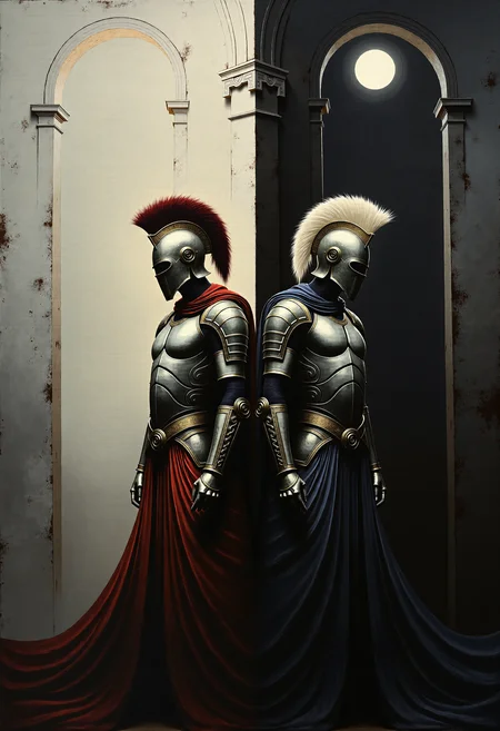 0n1r1c, Create a dramatic impasto painting with drips and painterly smudges of two majestic warriors, inspired by Achilles, the central character in Homer's Iliad, wearing futuristic, metallic full-body armor with a complex, segmented design.
The painting is divided vertically into three sections.
The left section, only white, is dominate from Paris, his
warrior's helmet should have a striking red horsehair crest.
The background of this left section is a light white.
The middle section, only light gray, showcases a high, arched window below the upper edge of the painting, through which the moon shines.
The background of this middle section is a light gray.
The right section, only dark gray, is dominate from Achilles, his warrior's helmet should have a striking white horsehair crest.
The background of this right section is a dark gray.
Both helmets reminiscent of ancient Greek soldiers.
Both armors should have multiple plates and reinforcements, covering the entire body and combining both ancient and modern aesthetics.
The shoulder plates and bracers of both armors should feature additional plating with gold accents. Both warriors should wear long, flowing black capes, adding a touch of royalty. Their overall appearance should exude strength, nobility, and a harmonious blend of the antique and the modern. Set the scene in a dark, grand hall with high, arched windows in the background. The painting should emphasize a combination of ancient grandeur and a futuristic, modern, and abstract style, with dramatic lighting features in a monochromatic scheme, primarily in shades of black, white, and gray.