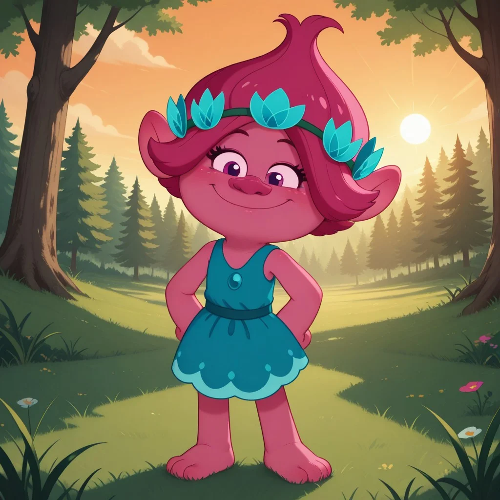 score_9, score_8, BREAK, solo, Poppy_(Trolls), 1girl, solo, pink hair, head wreath, pink skin, pink skin female, teal and light blue dress, barefoot, sexy pose, self portrait, smile, looking at viewer, outdoors, sunlight, shadows, evening lighting, natural lighting, forest, trees, grass, orange sky, sunset