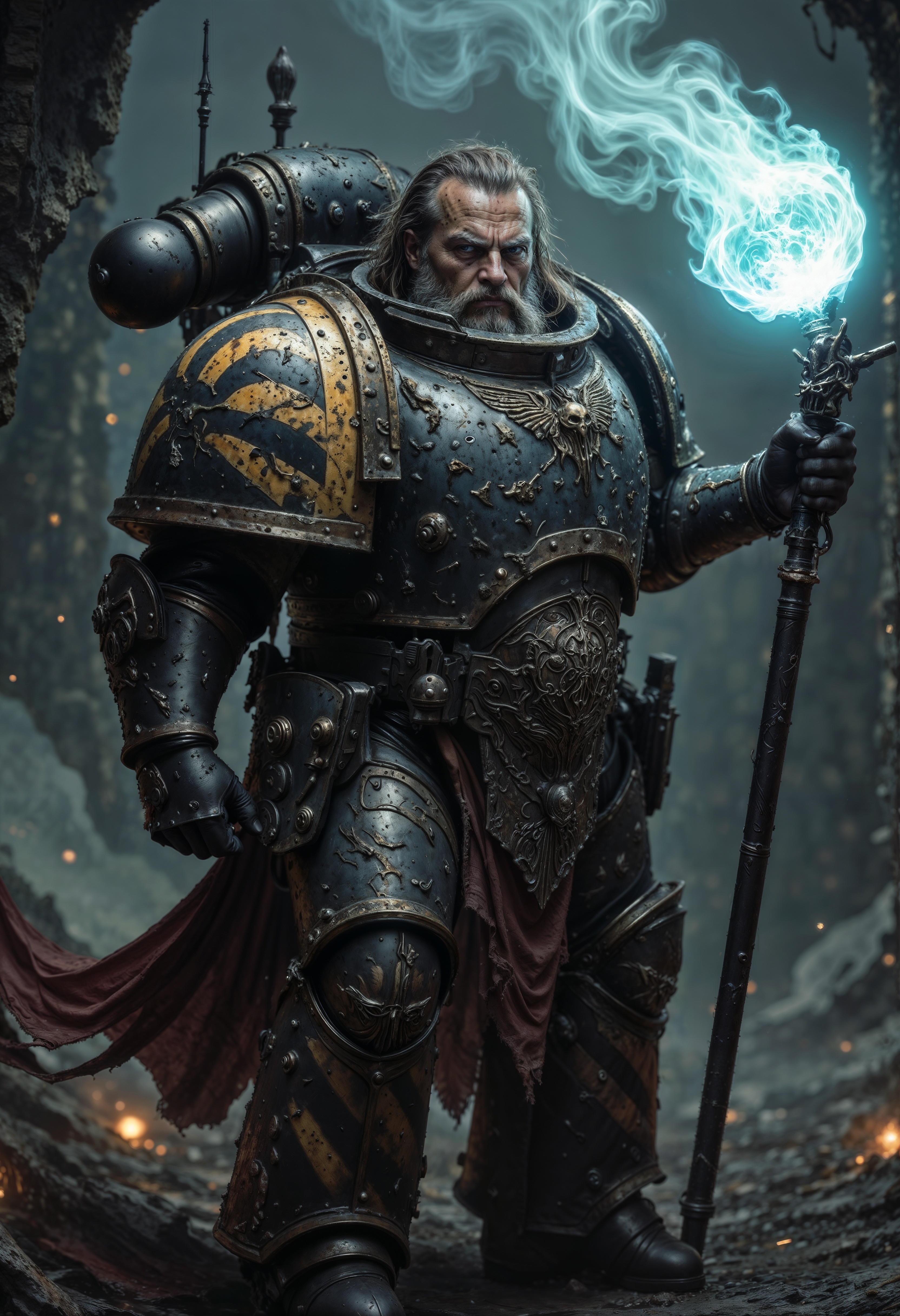 Highly detailed and realistic fantasy character in a dramatic shot. Epic cinematic depiction of a very old Dwarf Paladin in full IronW40k power armor. He is bearded and his hair is going grey.