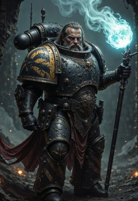 Highly detailed and realistic fantasy character in a dramatic shot. Epic cinematic depiction of a very old Dwarf Paladin in full IronW40k power armor. He is bearded and his hair is going grey.