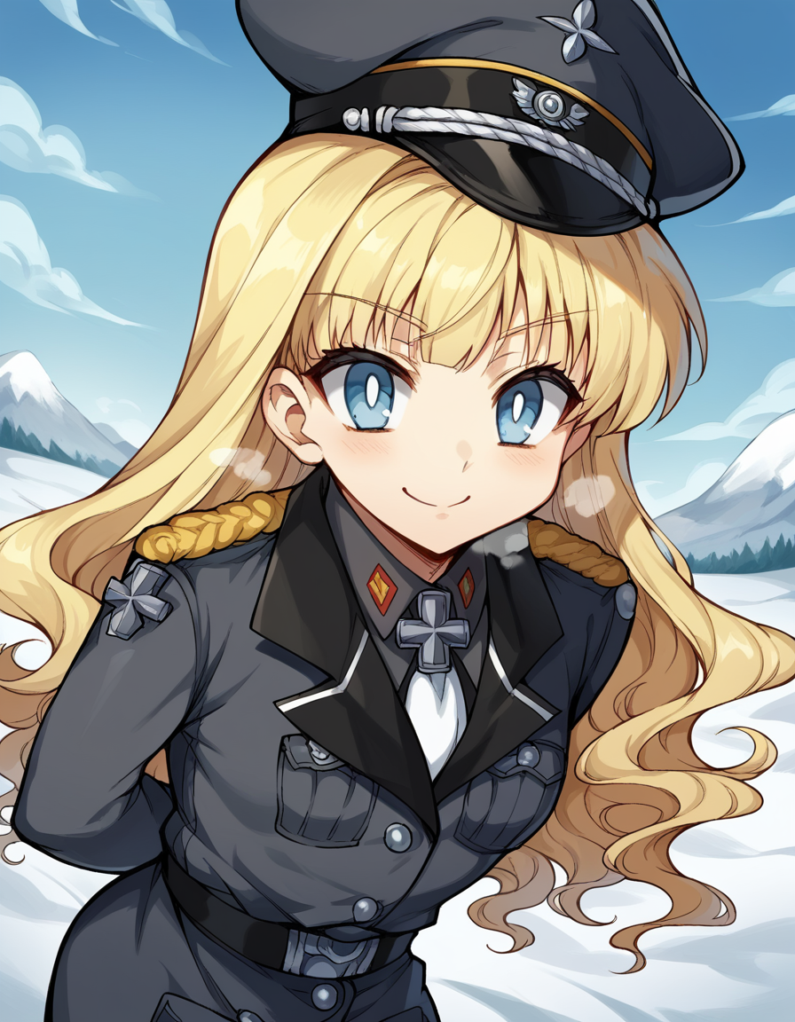 score_9, score_8_up, score_7_up, source_anime, <lora:retia-adolf-ponyxl-lora-nochekaiser:1>, retia adolf, blue eyes, blonde hair, wavy hair, bangs,, gloves, hat, military uniform, peaked cap, zettai ryouiki,, snow day, winter clothes, snowball fight, laughter, cold breath, white landscape, , , hands behind back, bent over, smile, solo,, cowboy shot, dutch angle
