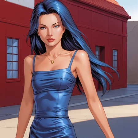 <lora:Shi_pony_v1:.75> Shi, 1girl, long hair,  retro artstyle, blue hair, 1990s (style), 1980s (style), cowboy shot,  <lora:0878 Laser nightclub skirt_v1_pony:1> ruanyi0878,blue dress,short skirt, skirt,