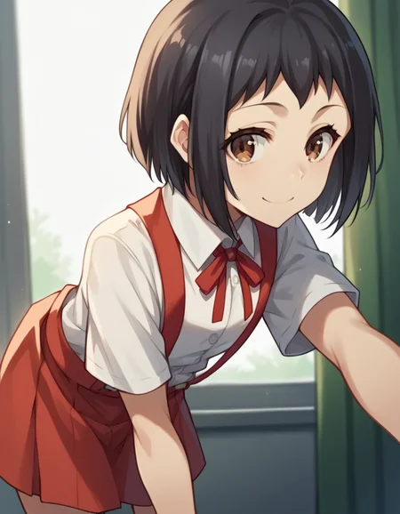 score_9, score_8_up, score_7_up, source_anime, <lora:hanako-hasegawa-ova-ponyxl-lora-nochekaiser:1>, hanako hasegawa, short hair, black hair, brown eyes,, skirt, shirt, ribbon, school uniform, white shirt, red ribbon, suspenders,, indoors, bent over, smile, looking at viewer, solo,, cowboy shot, dutch angle
