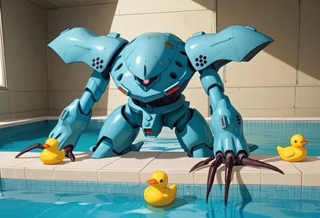 score_9, score_8_up, score_7_up, source_anime, front view, BREAK, ( hygogg, blue_hygogg_armor, pink monoeye, looking at viewer, leaning forward, long arms, very long arms, claw on edge of tub, long claws) 1mech, wide mech, large shoulders, large shoulder armor, mech focus, solo, BREAK, hygogg in pool, in water, half submerged, rubber ducks, holding rubber duck, Poolrooms, Liminal Space, wide shot, distant,