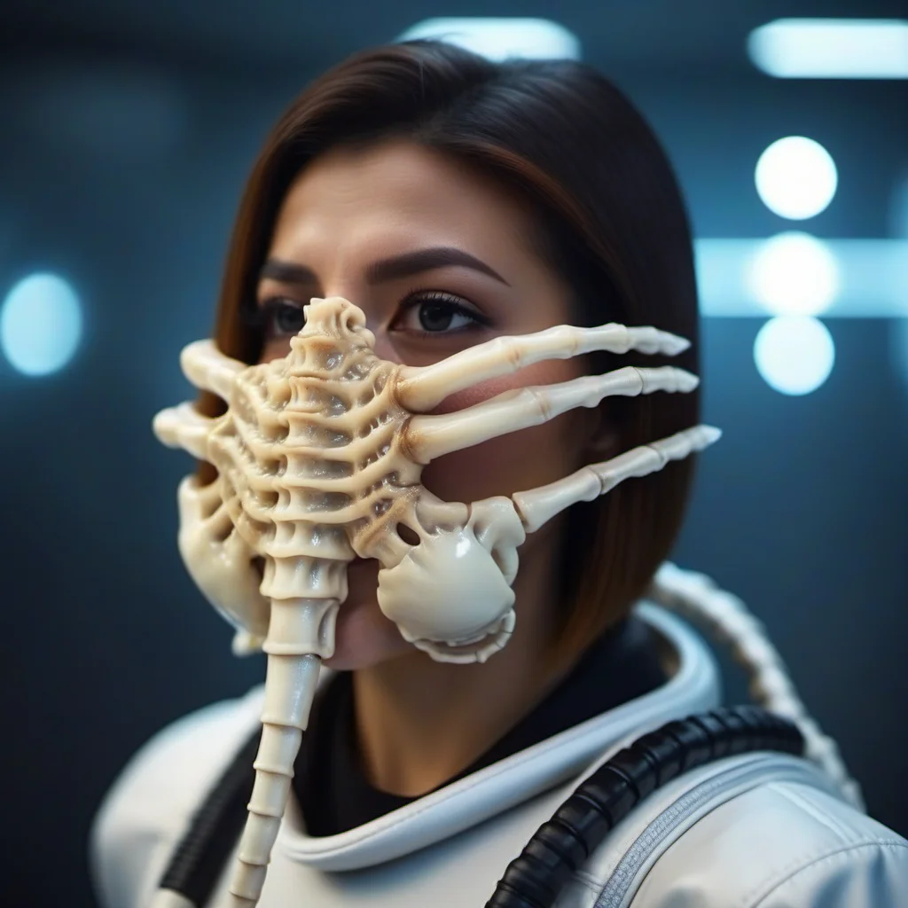 cinematic photo a squid skeleton on a woman face wears a spacesuit, space <lora:Facehugger1024:0.8> . 35mm photograph, film, bokeh, professional, 4k, highly detailed