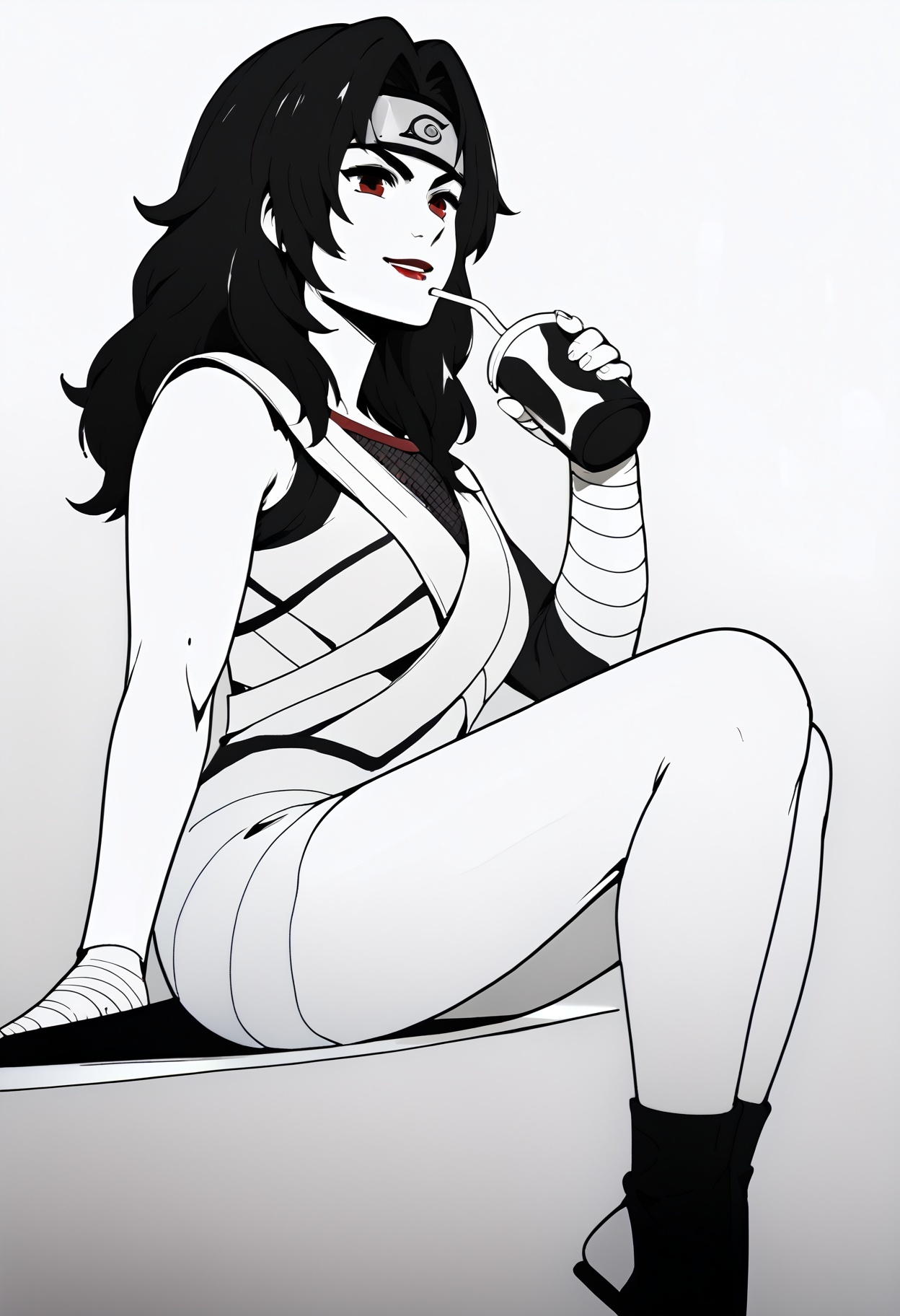 monochrome, simple background, 
sitting, from side, drinking, smiling, half-closed eyes, 
kurenai, red eyes, black hair, long hair, forehead protector, lipstick, fishnet top, single sleeve, white dress, bandages, bandaged arm, toeless footwear, solo,
,score_9,score_8_up,score_7_up,
 <lora:Potat_dark_ink_v1_monochrome-RS24:1><lora:kurenaiyuhi-pdxl-nvwls-v1:1>