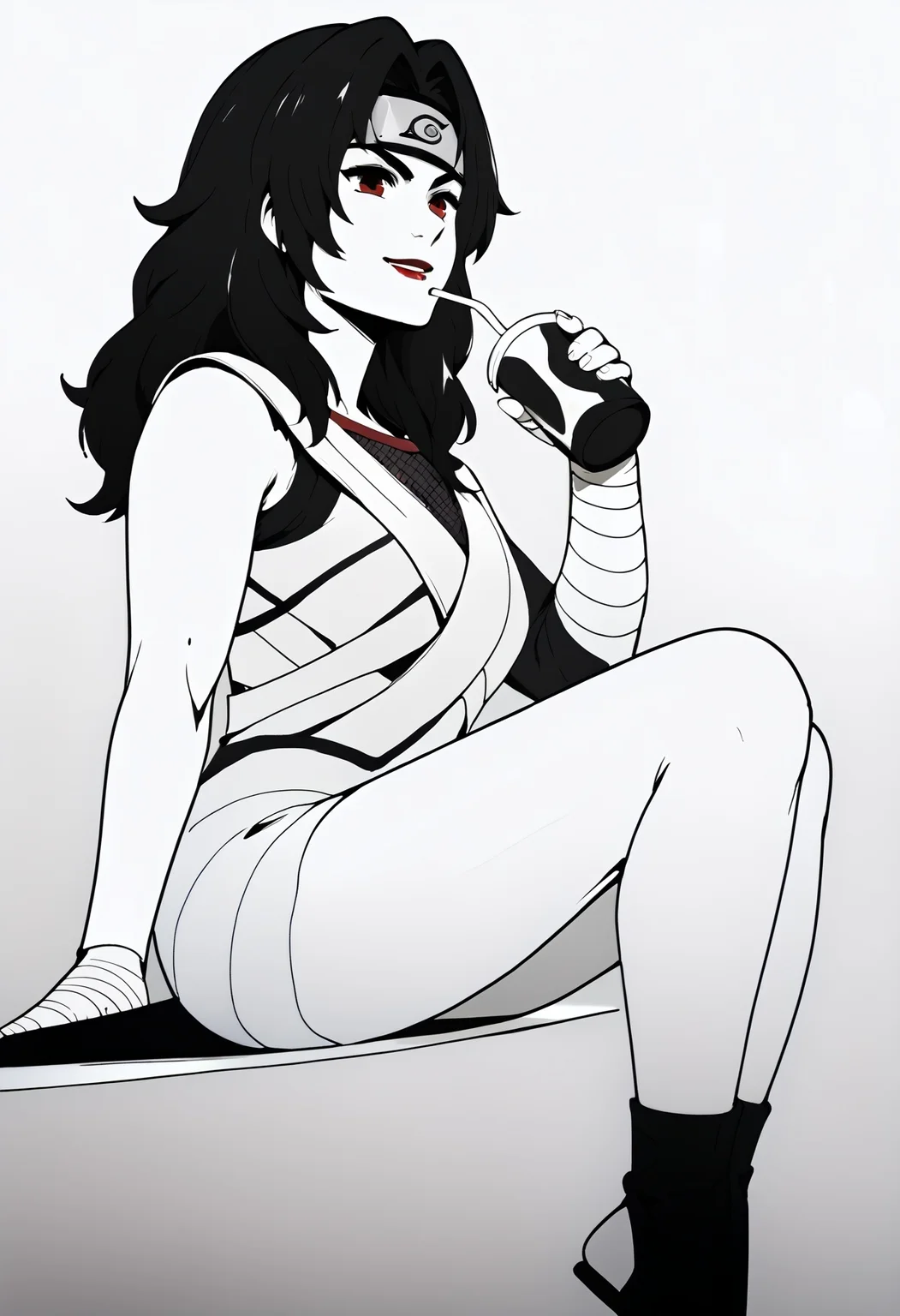 monochrome, simple background,
sitting, from side, drinking, smiling, half-closed eyes,
kurenai, red eyes, black hair, long hair, forehead protector, lipstick, fishnet top, single sleeve, white dress, bandages, bandaged arm, toeless footwear, solo,
,score_9,score_8_up,score_7_up,
<lora:Potat_dark_ink_v1_monochrome-RS24:1><lora:kurenaiyuhi-pdxl-nvwls-v1:1>