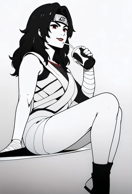 monochrome, simple background,
sitting, from side, drinking, smiling, half-closed eyes,
kurenai, red eyes, black hair, long hair, forehead protector, lipstick, fishnet top, single sleeve, white dress, bandages, bandaged arm, toeless footwear, solo,
,score_9,score_8_up,score_7_up,
<lora:Potat_dark_ink_v1_monochrome-RS24:1><lora:kurenaiyuhi-pdxl-nvwls-v1:1>