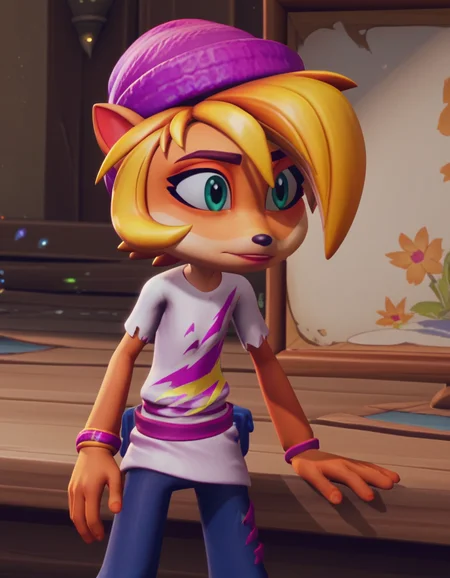 score_9, score_8_up, score_7_up, source_anime, <lora:coco-bandicoot-totally-tubular-ingame4-ponyxl-lora-nochekaiser:1>, coco bandicoot, short hair, blonde hair, green eyes, pointy ears, furry, 3d, shirt, hat, torn clothes, striped shirt, pants, museum, art exhibit, paintings, observing, quiet contemplation, cultural experience, , , hands behind back, bent over,, solo,, cowboy shot, dutch angle,