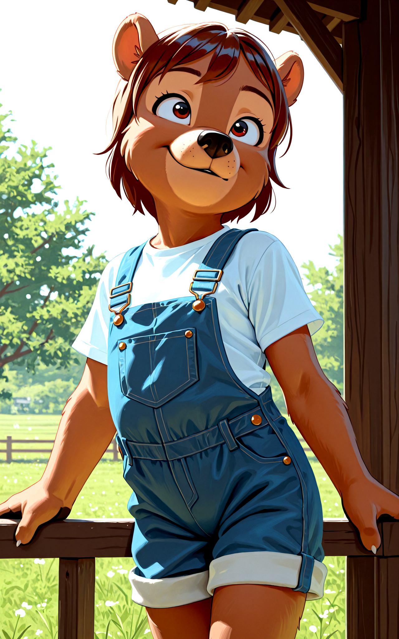 <lora:BearslIllustriousNAI-000060:1> (cute:1.3), Kaja, short hair, bear, young BREAK
clothed, white shirt, overalls, green field, low-angle view, day, smile
Smooth Quality, BREAK
perfect quality, best quality, clear composition, absurdres, high resolution, newest (masterwork, masterpiece, hyper-detailed, 8k uhd), BREAK
lazypos, (SuperQuality:1.0) ~ (SuperQuality:1.2)âââ
