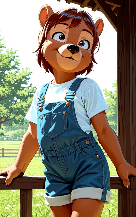<lora:BearslIllustriousNAI-000060:1> (cute:1.3), Kaja, short hair, bear, young BREAK
clothed, white shirt, overalls, green field, low-angle view, day, smile
Smooth Quality, BREAK
perfect quality, best quality, clear composition, absurdres, high resolution, newest (masterwork, masterpiece, hyper-detailed, 8k uhd), BREAK
lazypos, (SuperQuality:1.0) ~ (SuperQuality:1.2)âââ