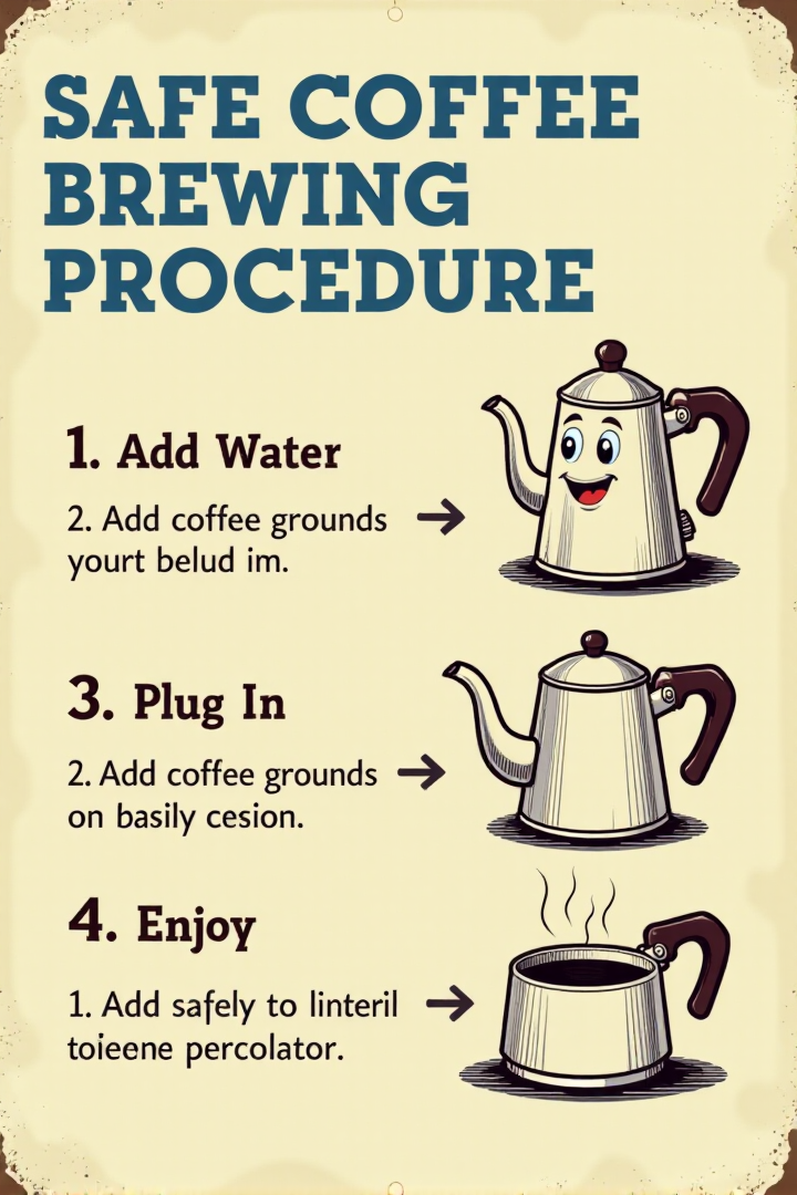 "Visualize a vintage informational safety sign featuring a friendly cartoon coffee pot with a spout that's winking. Next to it are simple step-by-step illustrations showing how to safely operate a vintage percolator: 1. Add Water, 2. Add Coffee Grounds, 3. Plug In, 4. Enjoy! The sign reads in neat blue lettering on a cream background: 'SAFE COFFEE BREWING PROCEDURE.' The cartoon style should be clean and instructional, like a page from an old appliance manual, with clear line drawings and minimal shading. Include small details like arrows pointing to the different parts of the coffee maker. 8k resolution, vintage instructional diagram style, helpful and easy to follow, providing clear instructions for safe coffee preparation."  <lora:REMEs_War_Poster_Style:0.95> In REME's War Poster Style,âââ