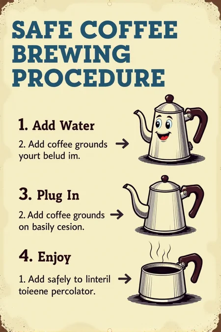 "Visualize a vintage informational safety sign featuring a friendly cartoon coffee pot with a spout that's winking. Next to it are simple step-by-step illustrations showing how to safely operate a vintage percolator: 1. Add Water, 2. Add Coffee Grounds, 3. Plug In, 4. Enjoy! The sign reads in neat blue lettering on a cream background: 'SAFE COFFEE BREWING PROCEDURE.' The cartoon style should be clean and instructional, like a page from an old appliance manual, with clear line drawings and minimal shading. Include small details like arrows pointing to the different parts of the coffee maker. 8k resolution, vintage instructional diagram style, helpful and easy to follow, providing clear instructions for safe coffee preparation." <lora:REMEs_War_Poster_Style:0.95> In REME's War Poster Style,âââ