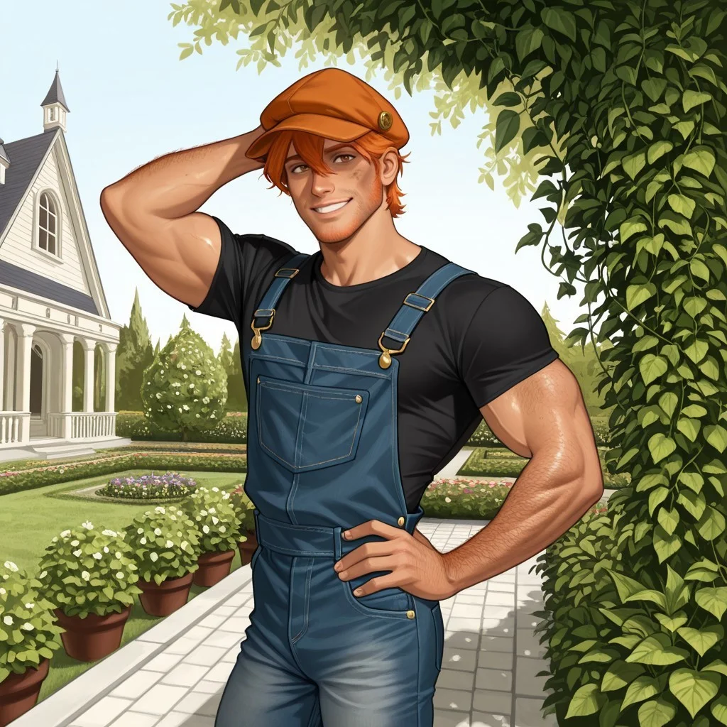 ahstyle, masterpiece, best quality, hyper-Detailed, 1man, solo, male focus, alone, detailed, Irish ((muscular male, fair skin, hairy body, orange hair, short hair, hair between eyes, brown detailed eyes, orange beard stubble)), ((wearing black ivy cap, jeans overalls above black t-shirt)), dirty face, smiling, staring at the viewer, hand behind his head, hand on hips, standing at a garden, in front of a mansion, day time