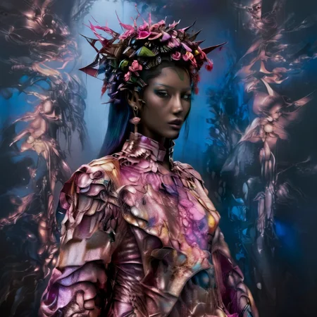 ull body,a beautiful alien woman with roses in her hair, grey skin and blue eyes, long neck, smooth body shape, metallic background, high resolution, high detail, hyper-realistic, cinematic, dramatic lighting.
realistic, realism, hyperrealism, high resolution, high quality, fashion photography, detailed skin texture, beautiful female, wear multicolor balenciaga style clothes made of colorful melting jelly, wear avant-garde style clothes, lots of glitter, sunlight, fashionable, colorful melting and flowers background, dramatic mood