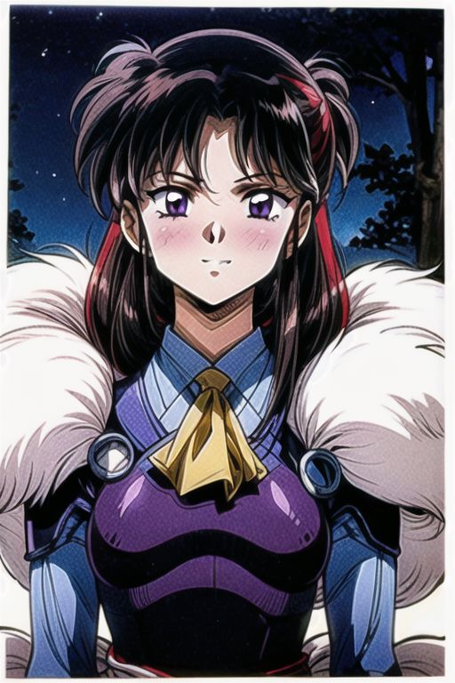 best quality 1girl Setsun4 solo long hair,  (night time) forest background black hair very long hair purple eyes multicolored hair armor, small, (fur trim) (medium body),<lora:EMS-179-EMS:0.800000>,<lora:EMS-293862-EMS:0.800000> bow, hair_bow, hair_tubes, red_bow, brown_hair, long_hair, bangs, ascot, frilled_bow, yellow_ascot, blush, smile, hair_between_eyes, athletic, armor, miko,  Smiling, happy,