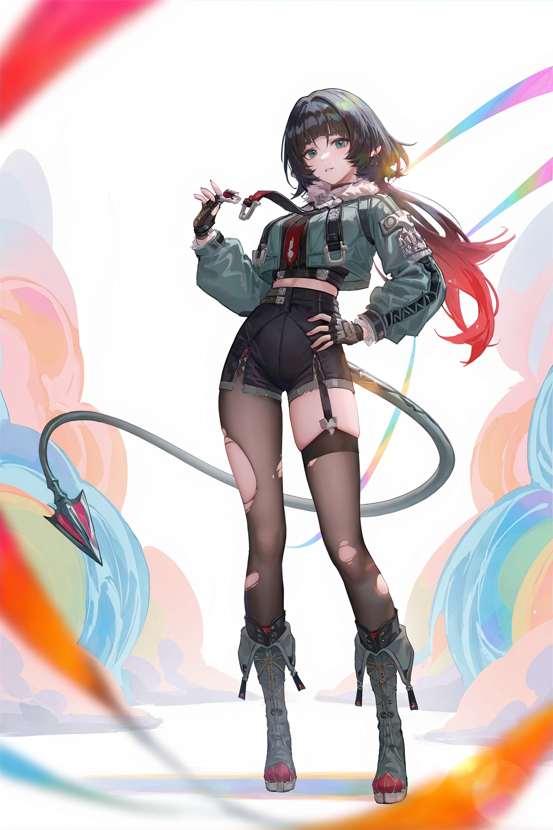 8k, best quality, masterpiece, (ultra-detailed), (high detailed skin), 
((artist:reoen),(artist:fuzichoco),(artist:atdan),(artist:torino_aqua),year 2024:0.8)1girl, [artist:wlop], [artist:ningen_mame], artist:ciloranko, [[artist:rhasta]], artist:tidsean, colorful, detailed light, light leaks, sunlight, bokeh, blurry foreground, ray tracing, lens flare, cinematic lighting, 
full body, full shot, standing, looking at viewer, (solo:1.2), simple background, (white background:1.2), hand on own hip, (white background:1.1), 
<lora:jiandoe-noob-Tanger:0.8>, jiandoe, tail, pointy ears, default clothes, green jacket, 1girl, black hair, torn clothes, gloves, fingerless gloves, shorts, torn  suspenders, suspenders, necktie, sling, 
A full-body portrait of a young girl, standing gracefully, pastel art style, high-key lighting, shoujo manga influence, hd quality, delicate details,